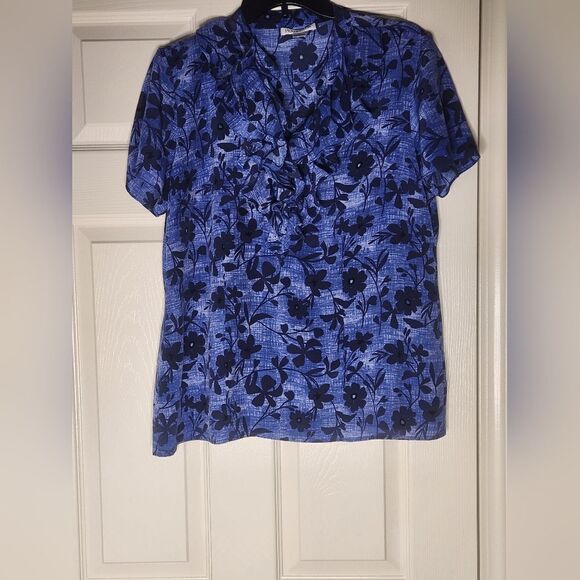 Pendleton 14 Blue Floral 100% SILK Ruffle V Neck Shrtslv Women's Blouse - Picture 2 of 8